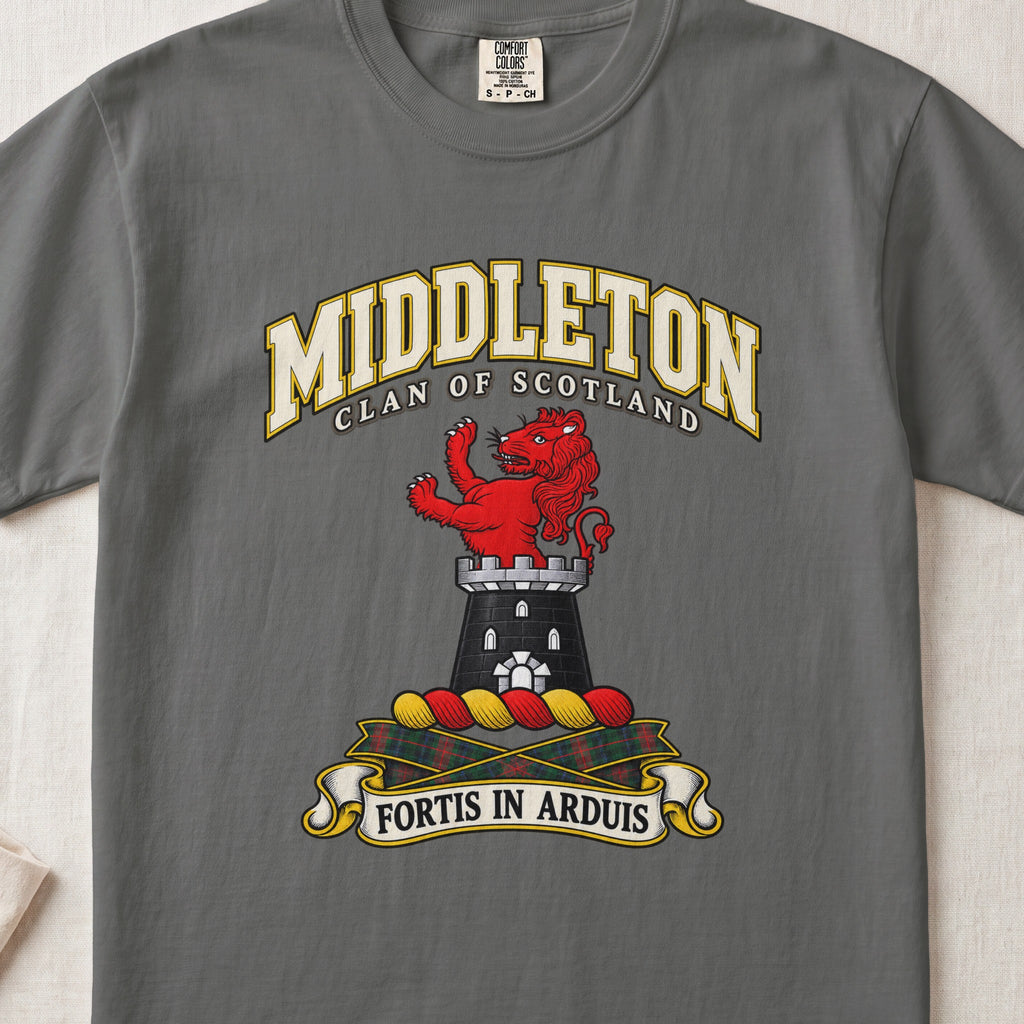 Middleton Scottish clan T-shirt in Pepper, front view with a red lion rising above a gray tower and motto banner.