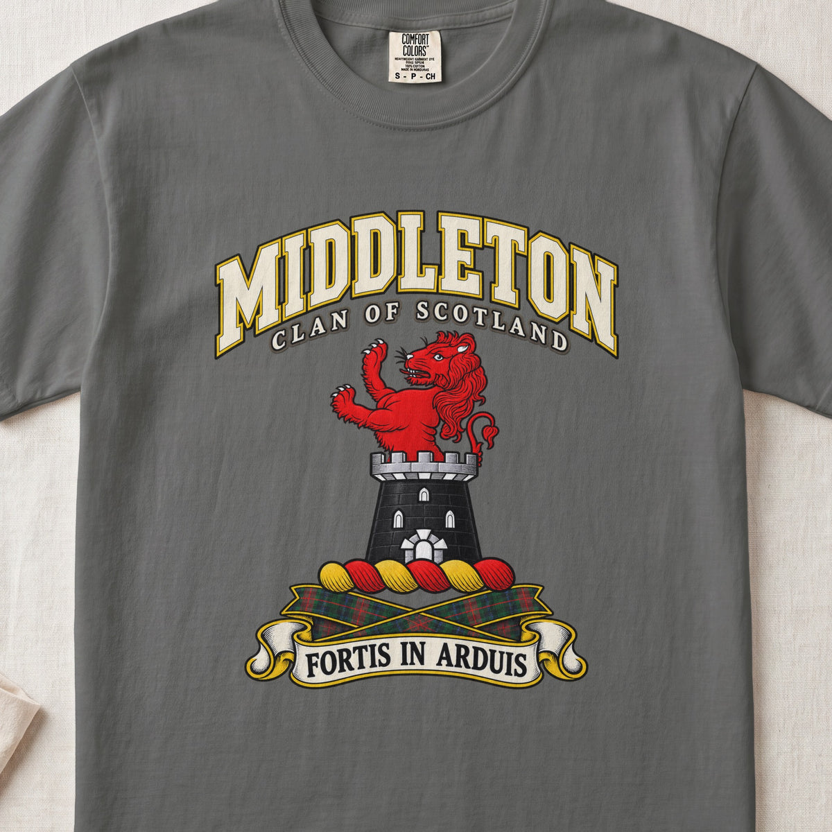 Middleton Scottish clan T-shirt in Pepper, front view with a red lion rising above a gray tower and motto banner.