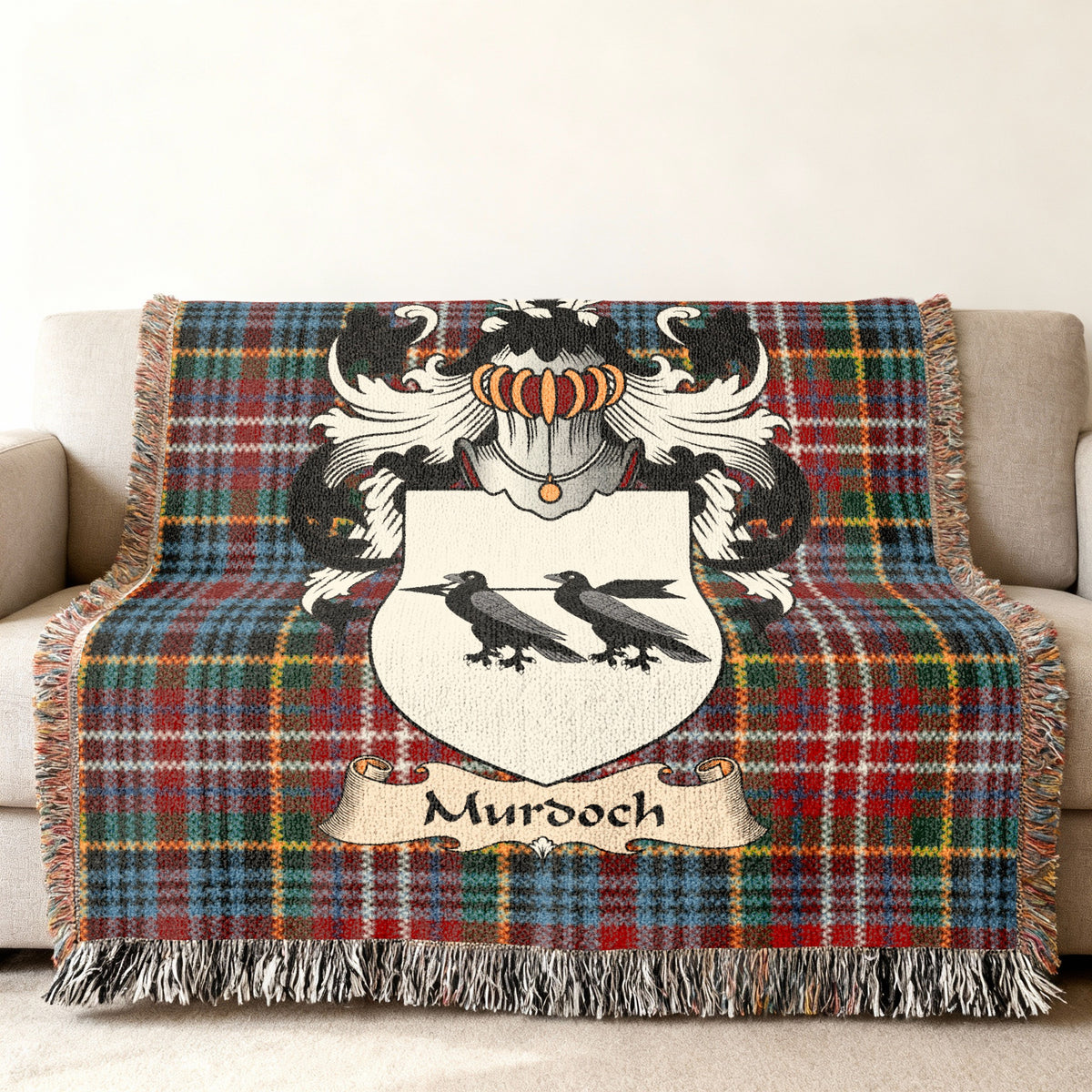 Murdoch Scottish family shield woven blanket on a Caledonia tartan background