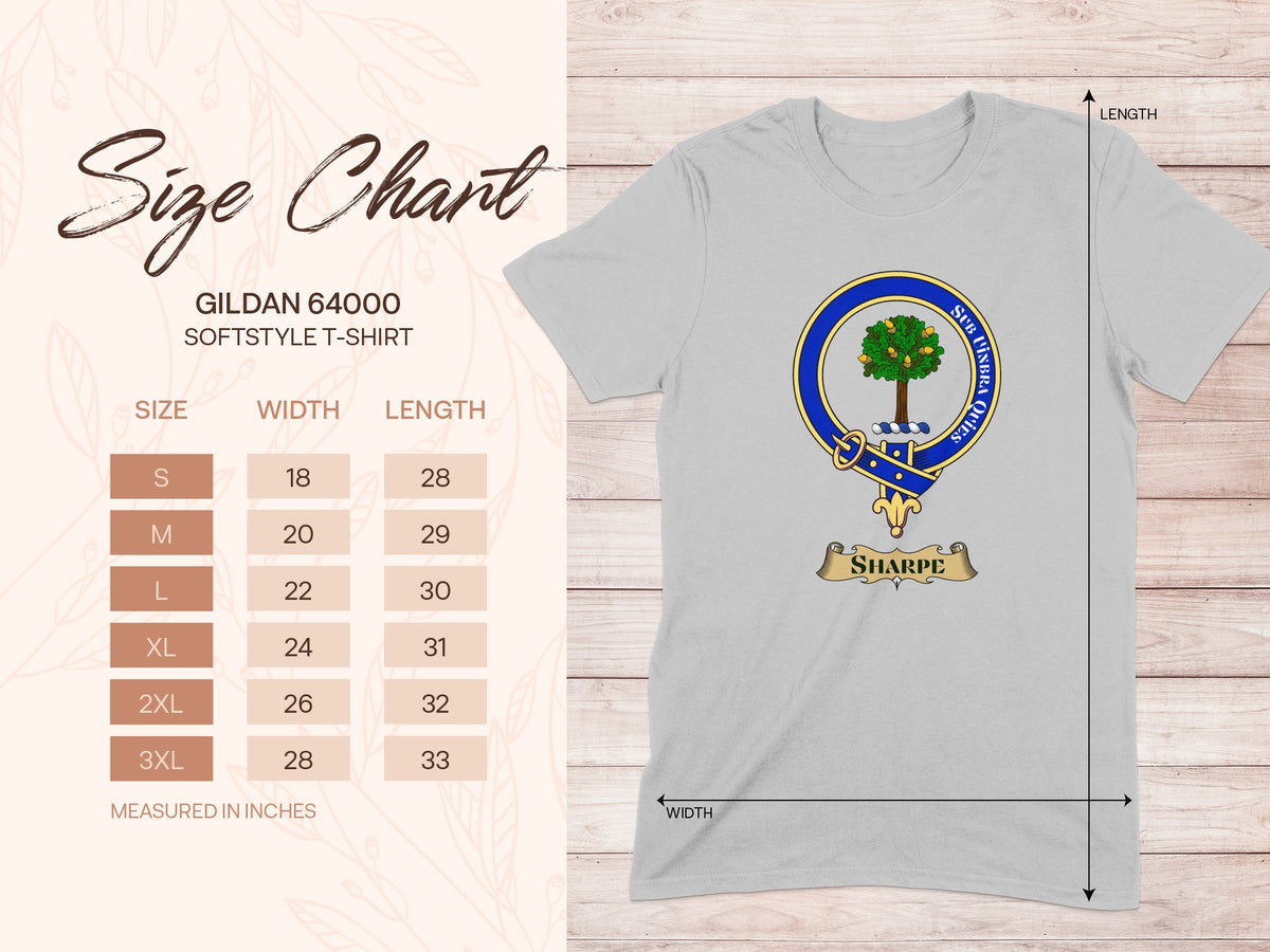 Gildan 64000 size chart for Sharpe Scottish clan crest T-shirt