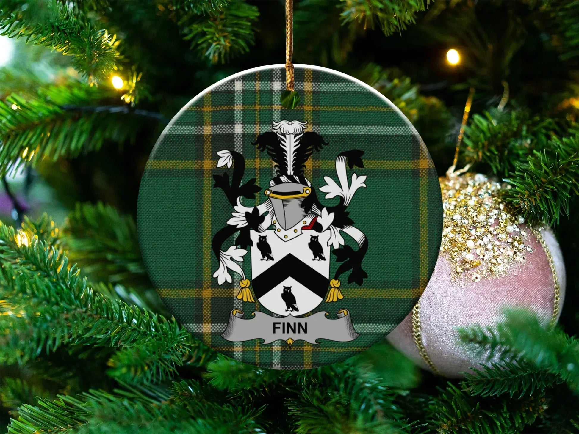 Custom Family Crest Plaid Design Holiday Ornament product type