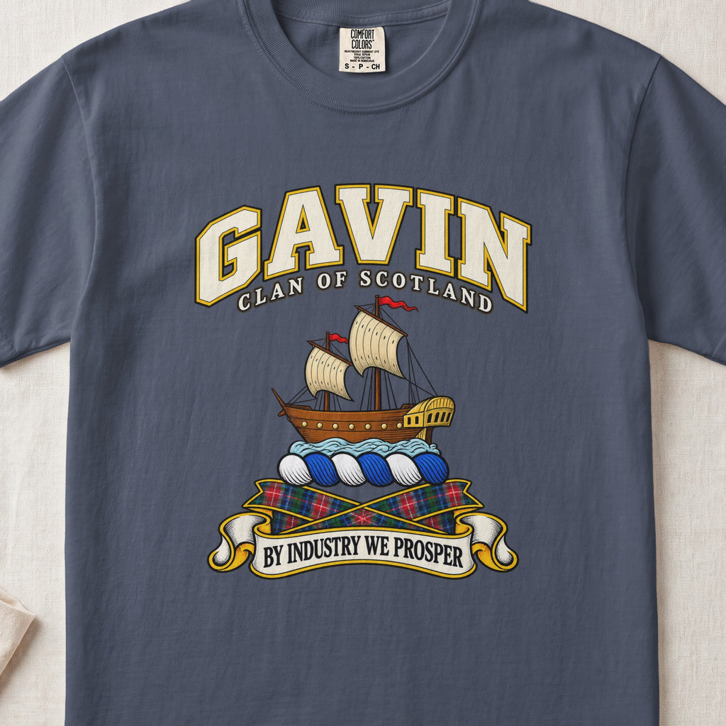 Gavin Scottish clan T-shirt in Midnight, front view with a sailing ship on blue waves and motto design.