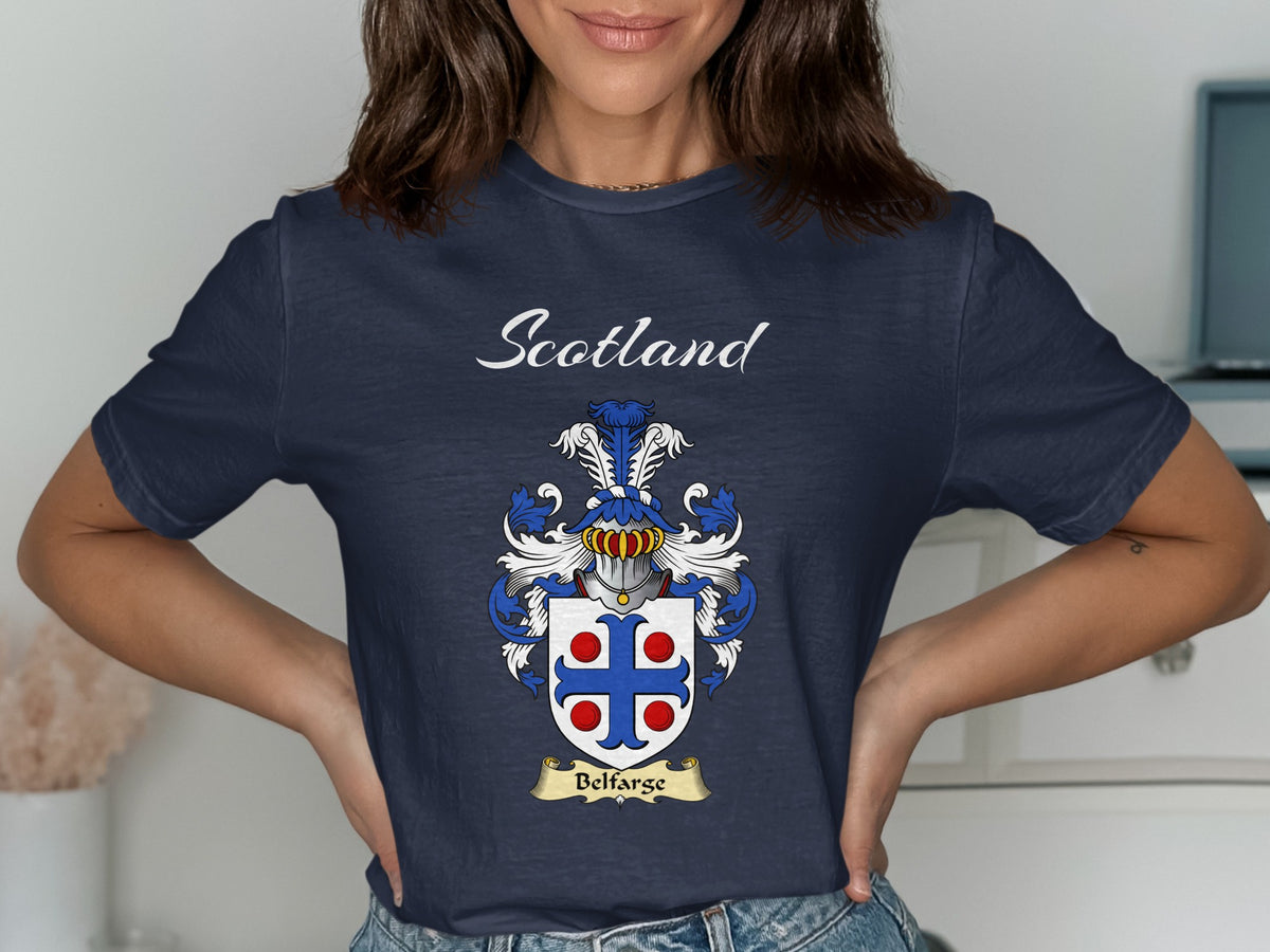 Belfarge Scottish family shield design on Navy T-shirt