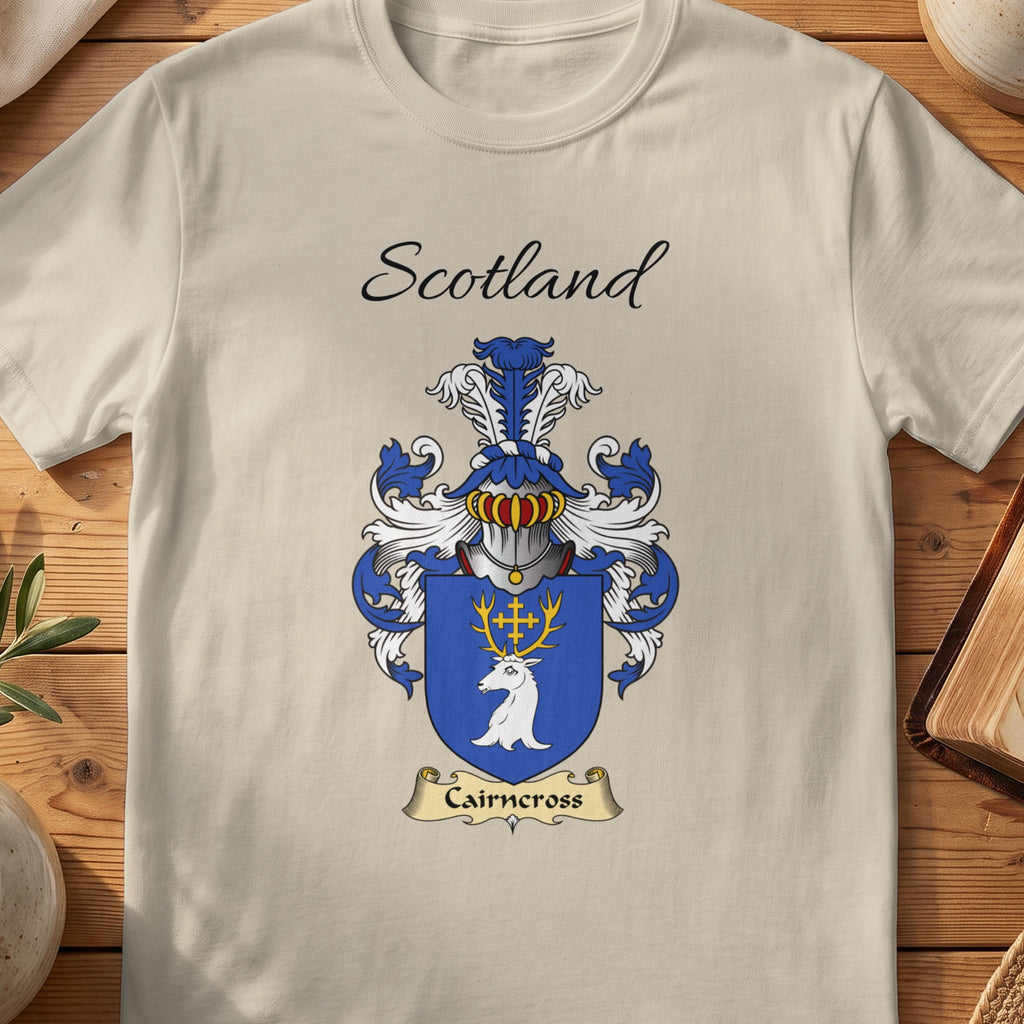 Sand Cairncross Scottish family shield T-shirt featuring a white stag head with gold antlers on blue