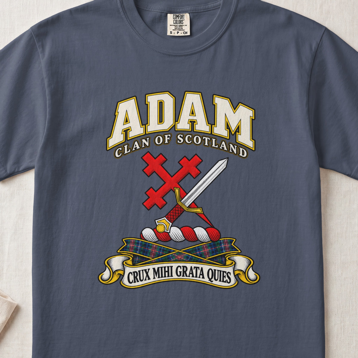 Adam Scottish clan T-shirt in Midnight, front view with a silver sword crossed with a red cross and motto banner.