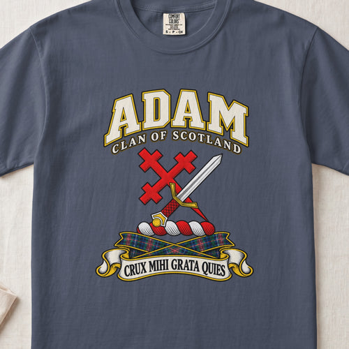 Adam Scottish clan T-shirt in Midnight, front view with a silver sword crossed with a red cross and motto banner.