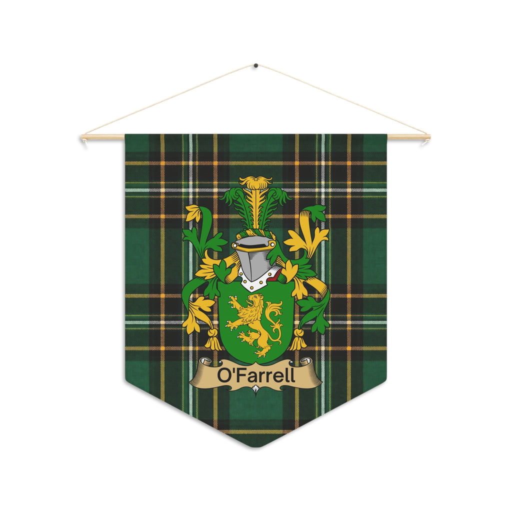 O'Farrell family crest on a green tartan pennant banner.