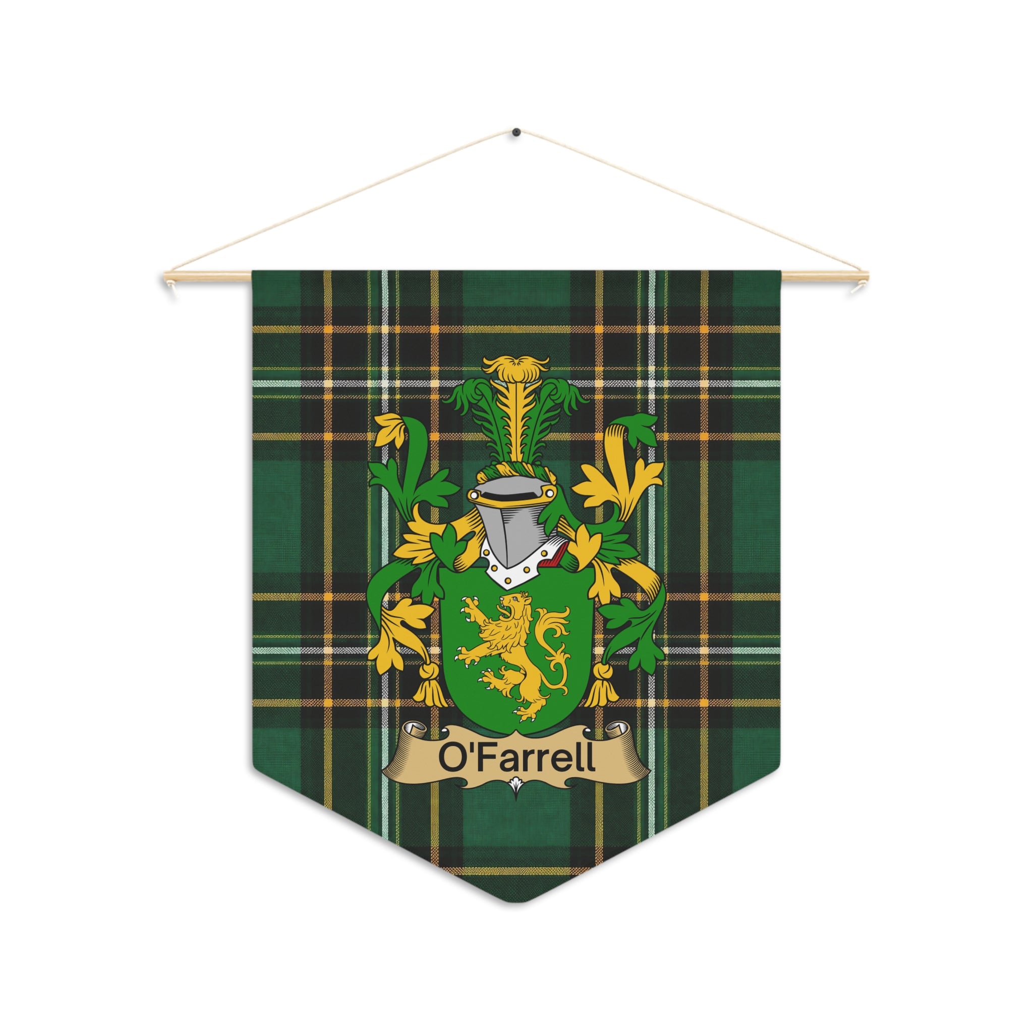 O'Farrell family crest on a green tartan pennant banner.