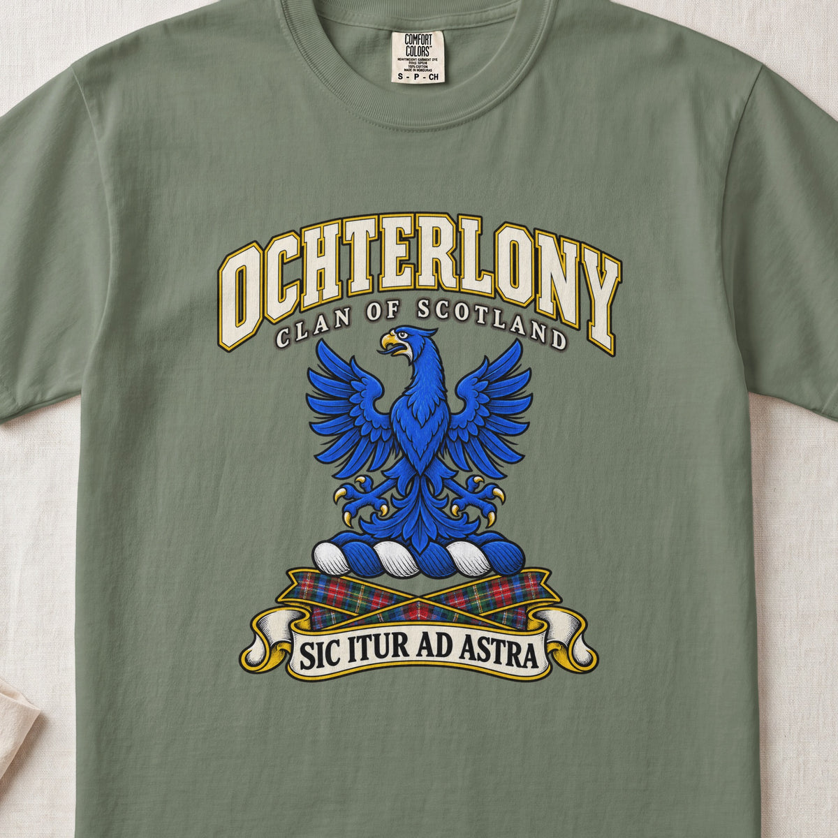 Ochterlony Scottish clan T-shirt in Moss, front view with a blue eagle with spread wings and motto banner.