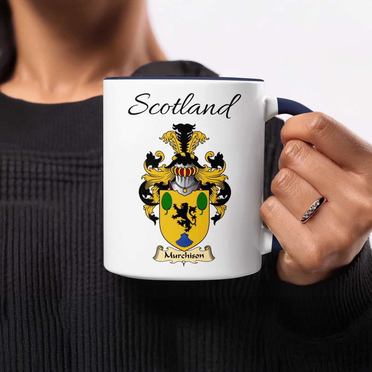 Murchison 11 oz Scottish family crest ceramic mug showing a Scotland-topped heraldic emblem