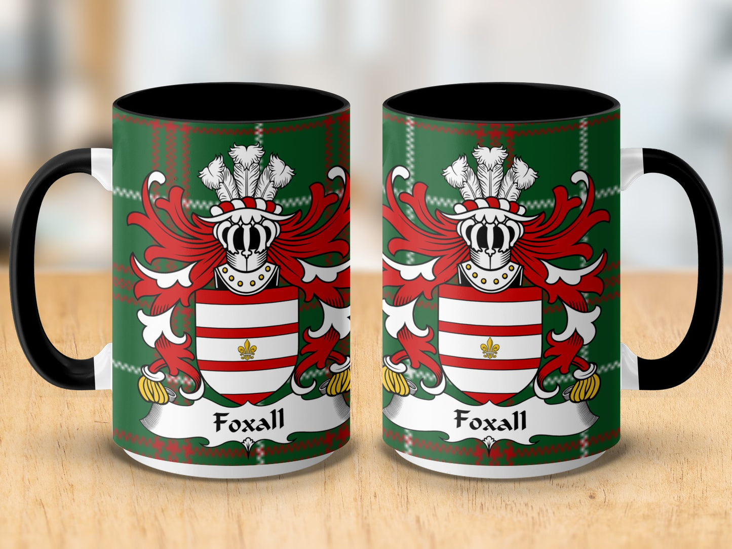 Foxall Family Crest on Welsh National Tartan Background Mug - Living Stone Gifts