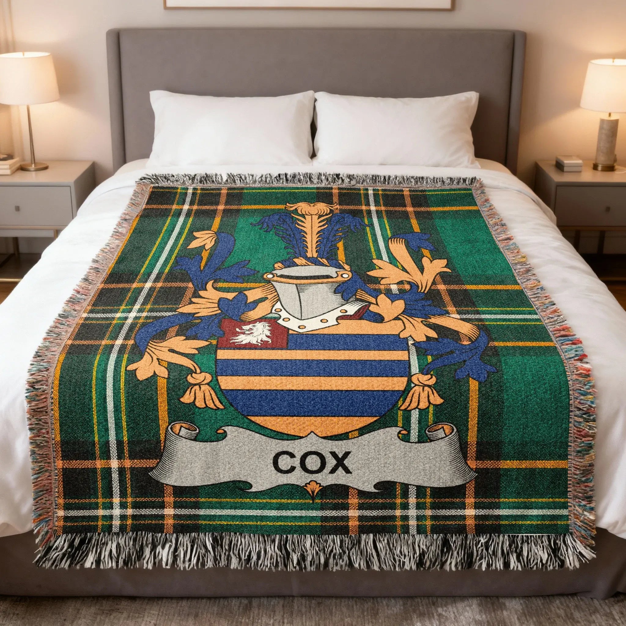 Cox Crest Tartan Plaid Green Orange Blue Blanket