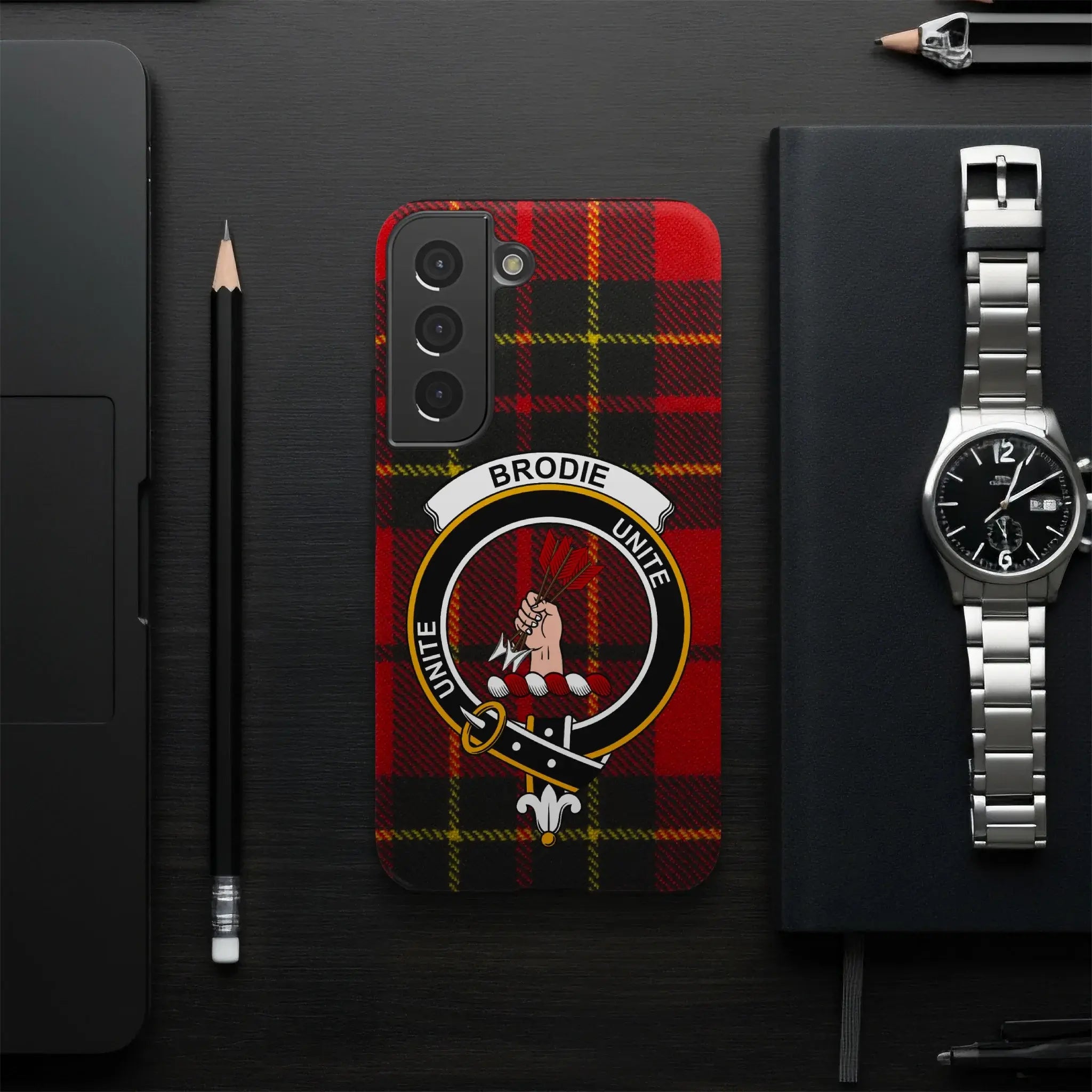 Brodie clan crest phone case — edge-to-edge tartan print, impact-resistant
