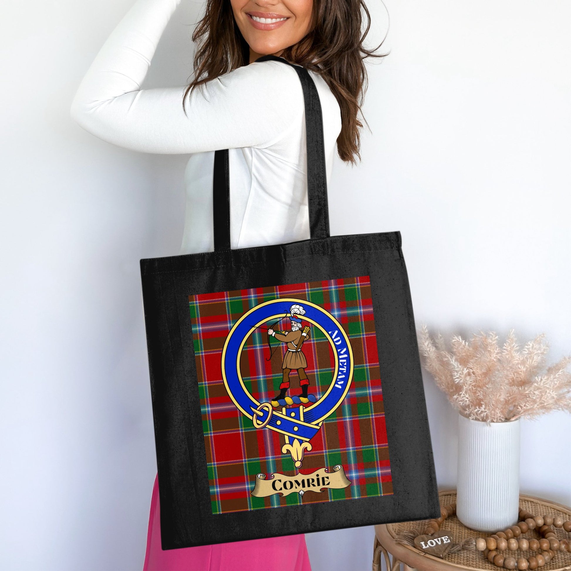 Comrie Clan Crest with Traditional Tartan Design Tote Bag - Living Stone Gifts