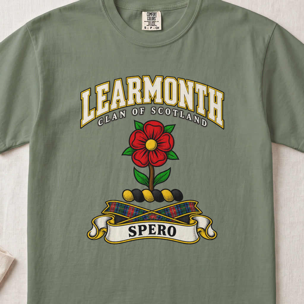 Learmonth Scottish clan T-shirt in Moss, front view with a red rose with green leaves and motto design.