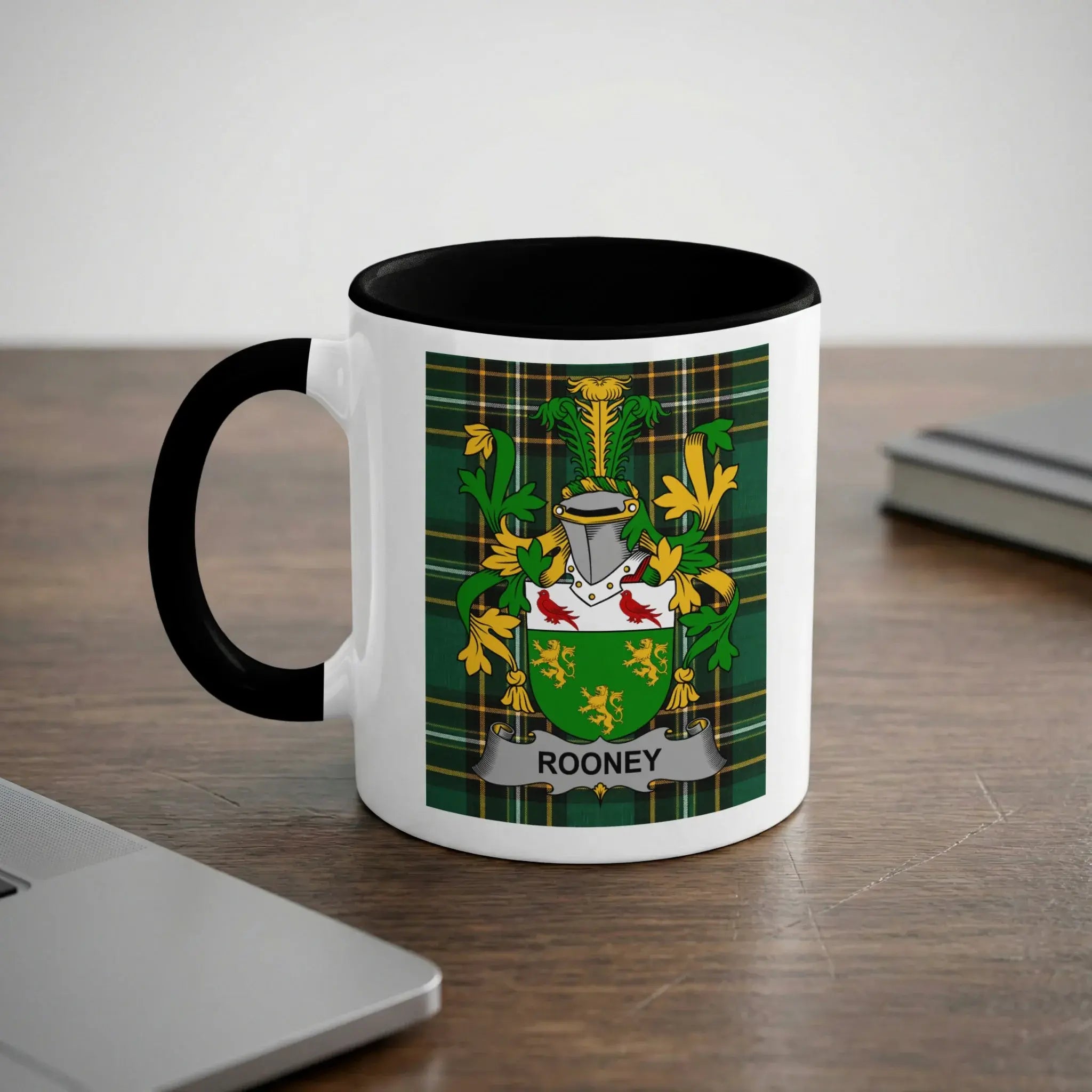 Rooney black accent mug with Irish National Tartan and family crest