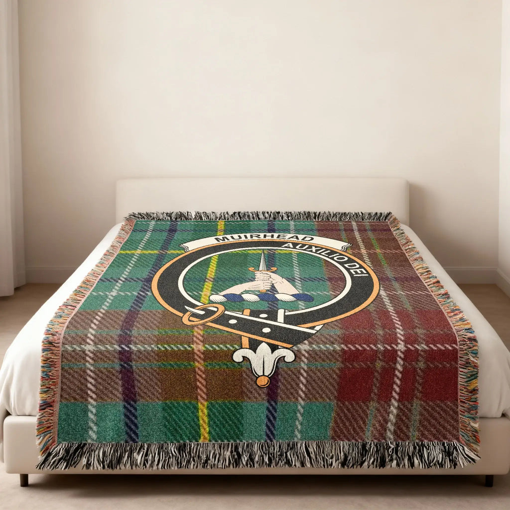 Muirhead Auxilio Dei tartan woven blanket folded with fringe — clan crest on cotton plaid