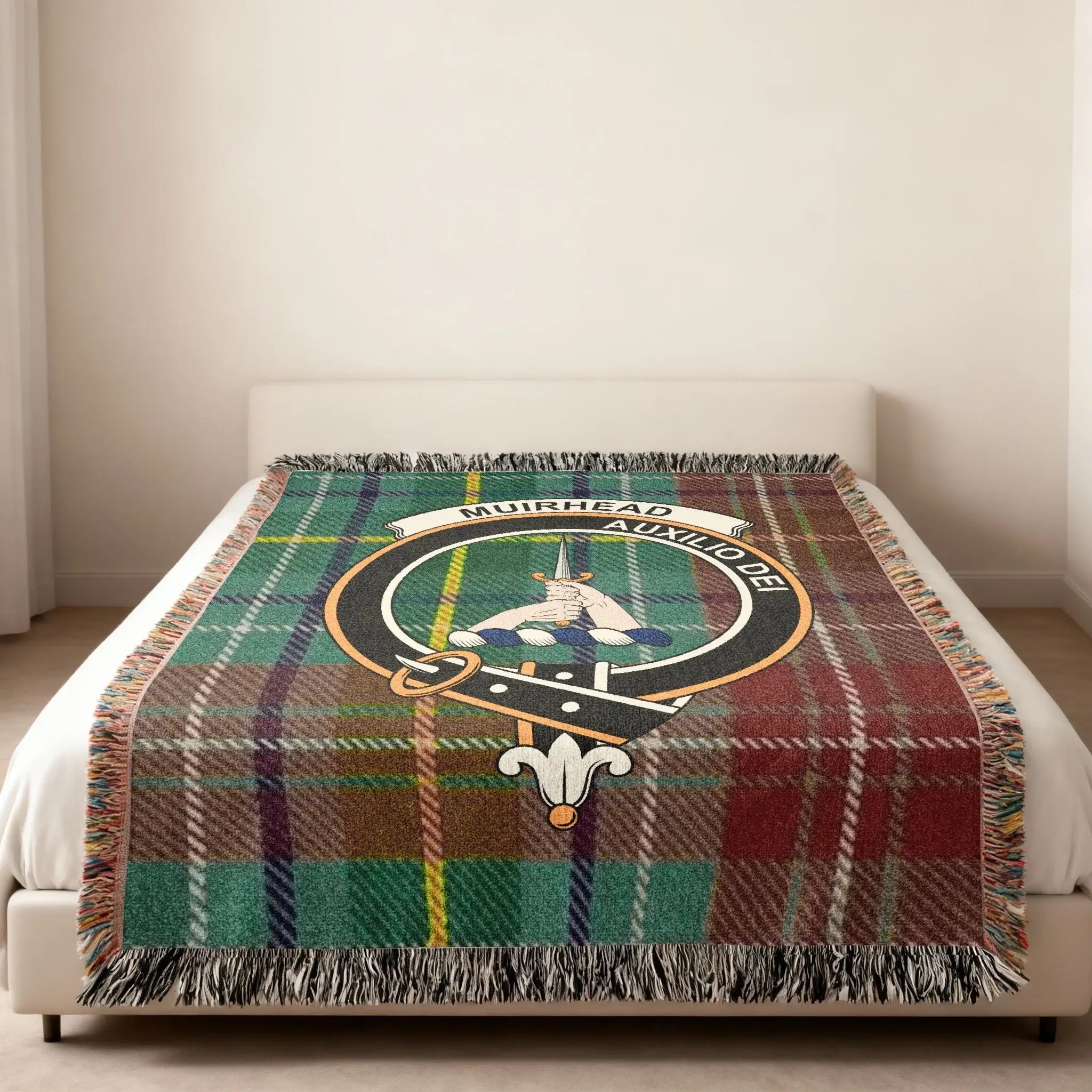 Muirhead Auxilio Dei tartan woven blanket folded with fringe — clan crest on cotton plaid