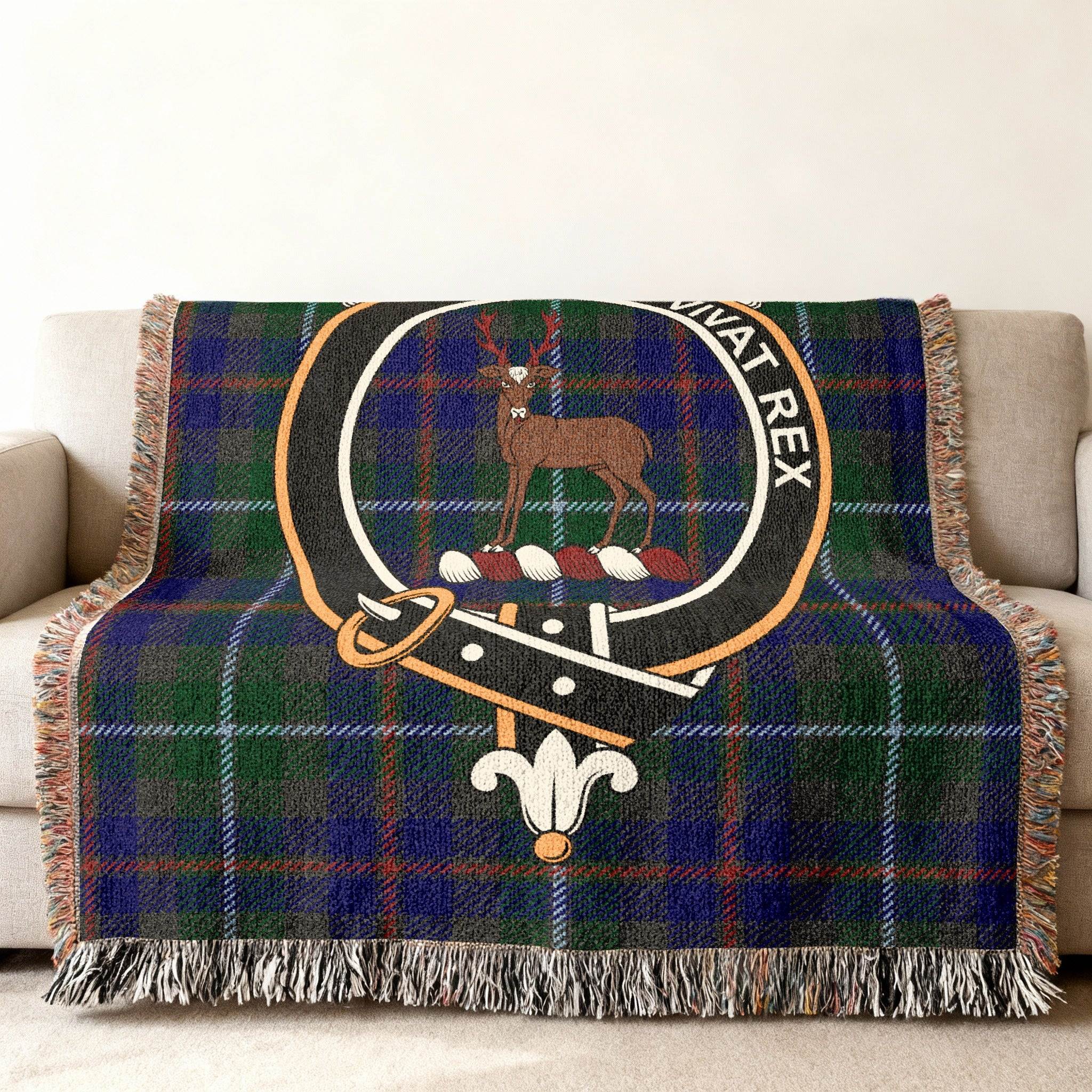 Scottish Tartan Blanket with Deer Crest Design Textile