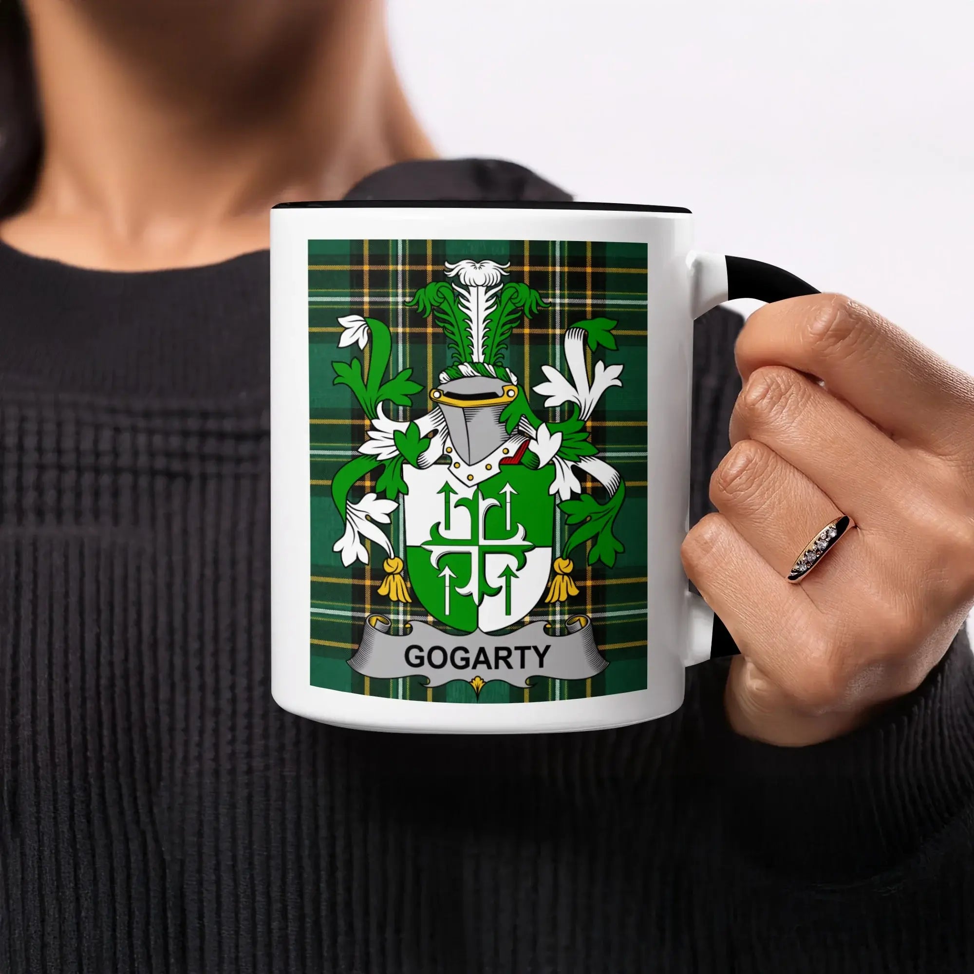 Mug featuring the surname GOGARTY on a green tartan background with a coat of arms.