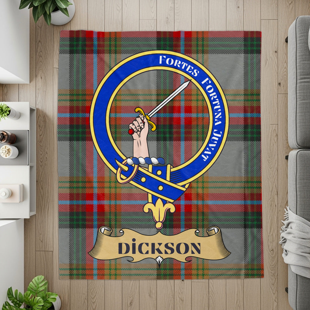 Dickson crest and tartan printed throw blanket — flat lay detail