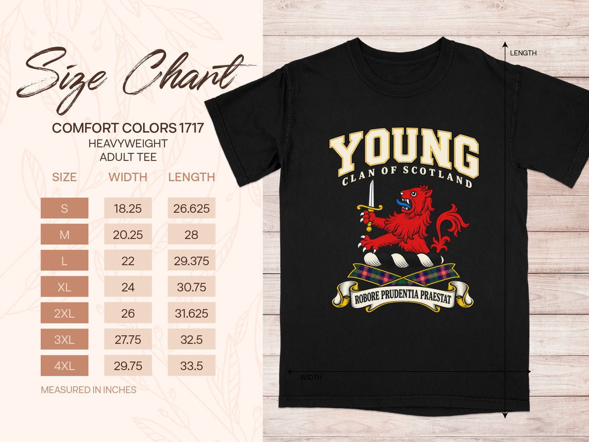 Comfort Colors 1717 size chart in inches with a black Young clan crest T-shirt preview