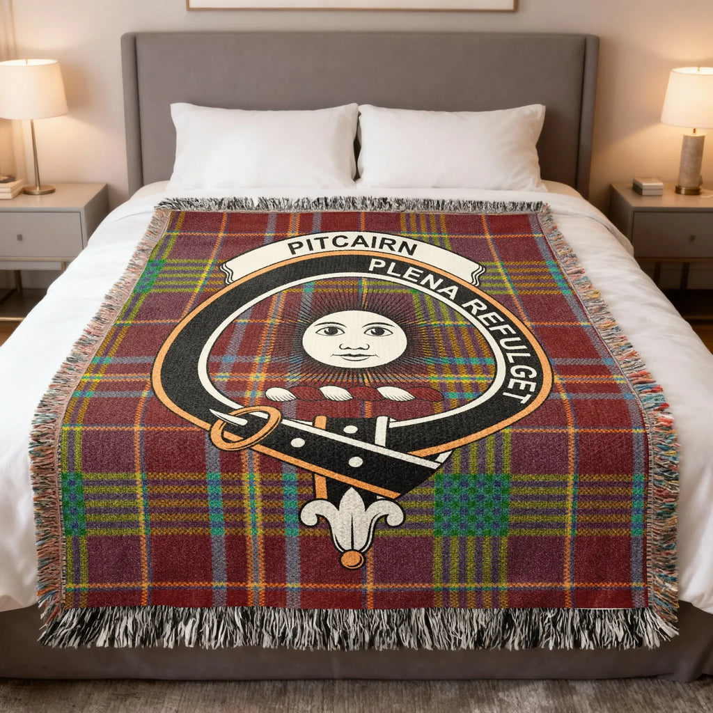 Clan Pitcairn woven tartan blanket — Plena Refulget crest in full colour, fringe border, 60" x 50"