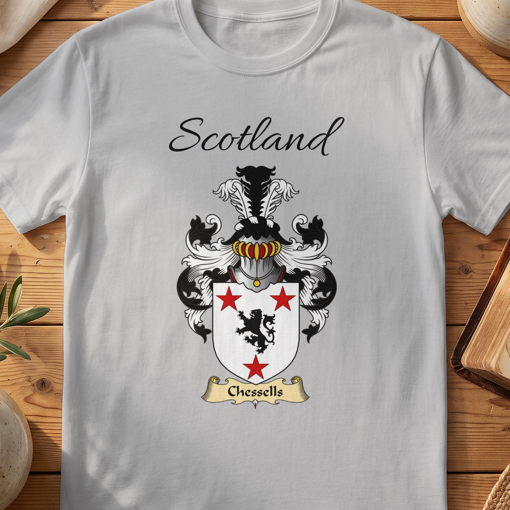 Sport Grey Chessells Scottish family shield T-shirt featuring a black lion between red stars