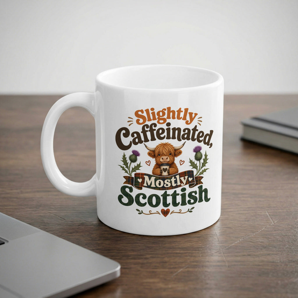 White mug with "Slightly Caffeinated, Mostly Scottish" text and highland cow graphic.