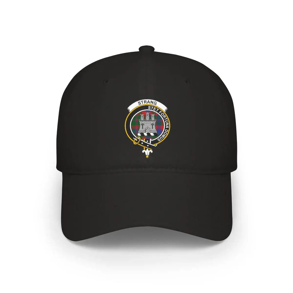 Strang stet fortuna domus crest printed black cap — clan emblem, front view