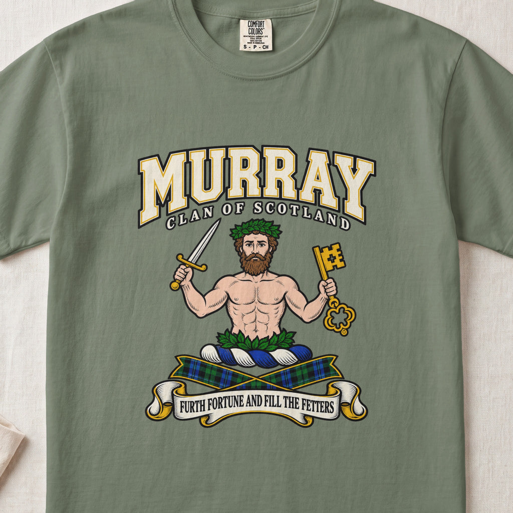 Murray of Athole graphic T-shirt in Moss green, front flat lay showing varsity lettering and bearded bare-chested man wearing green leaves and holding a sword and large gold key.