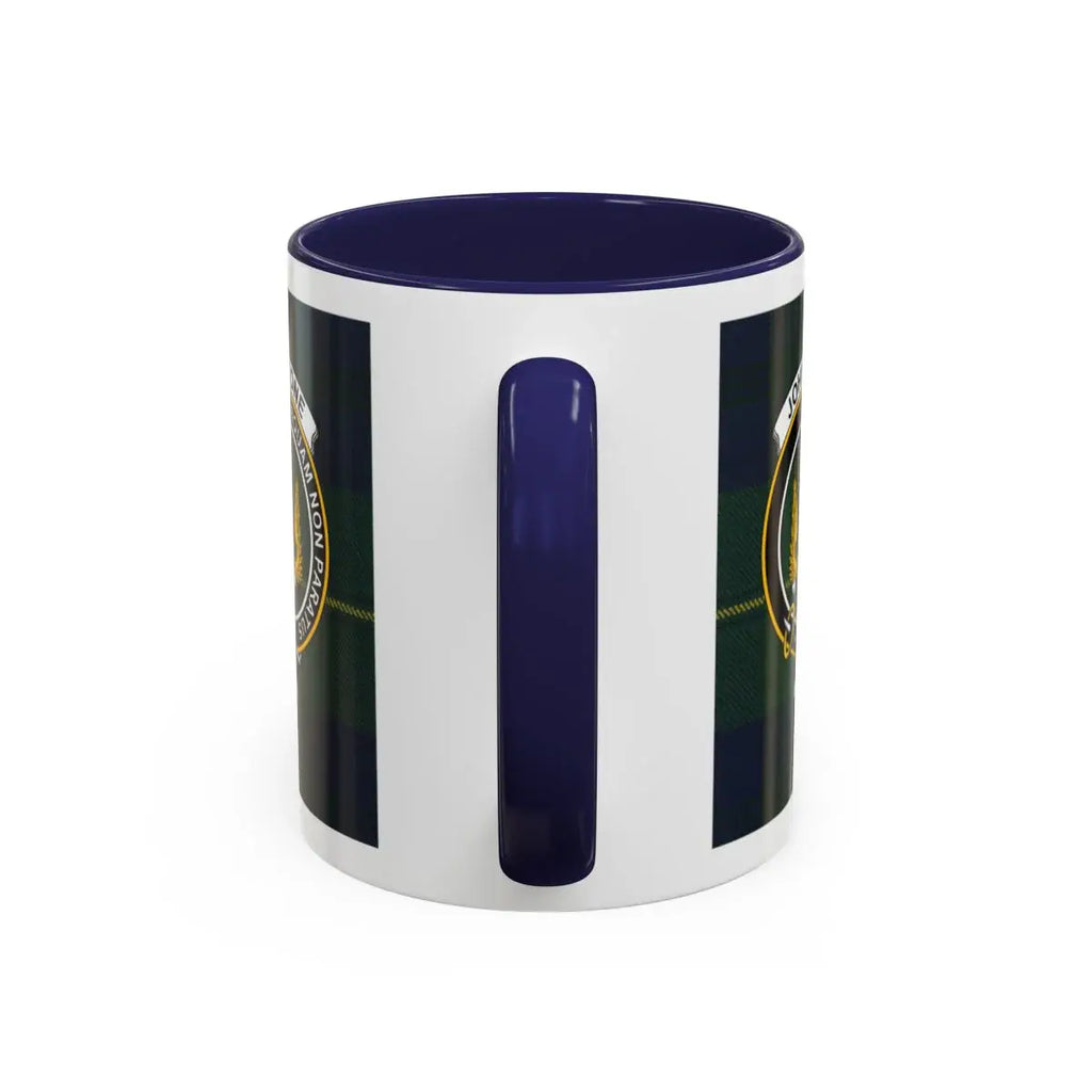 Johnstone clan tartan accent mug with navy handle — 11oz ceramic, Scottish heritage design