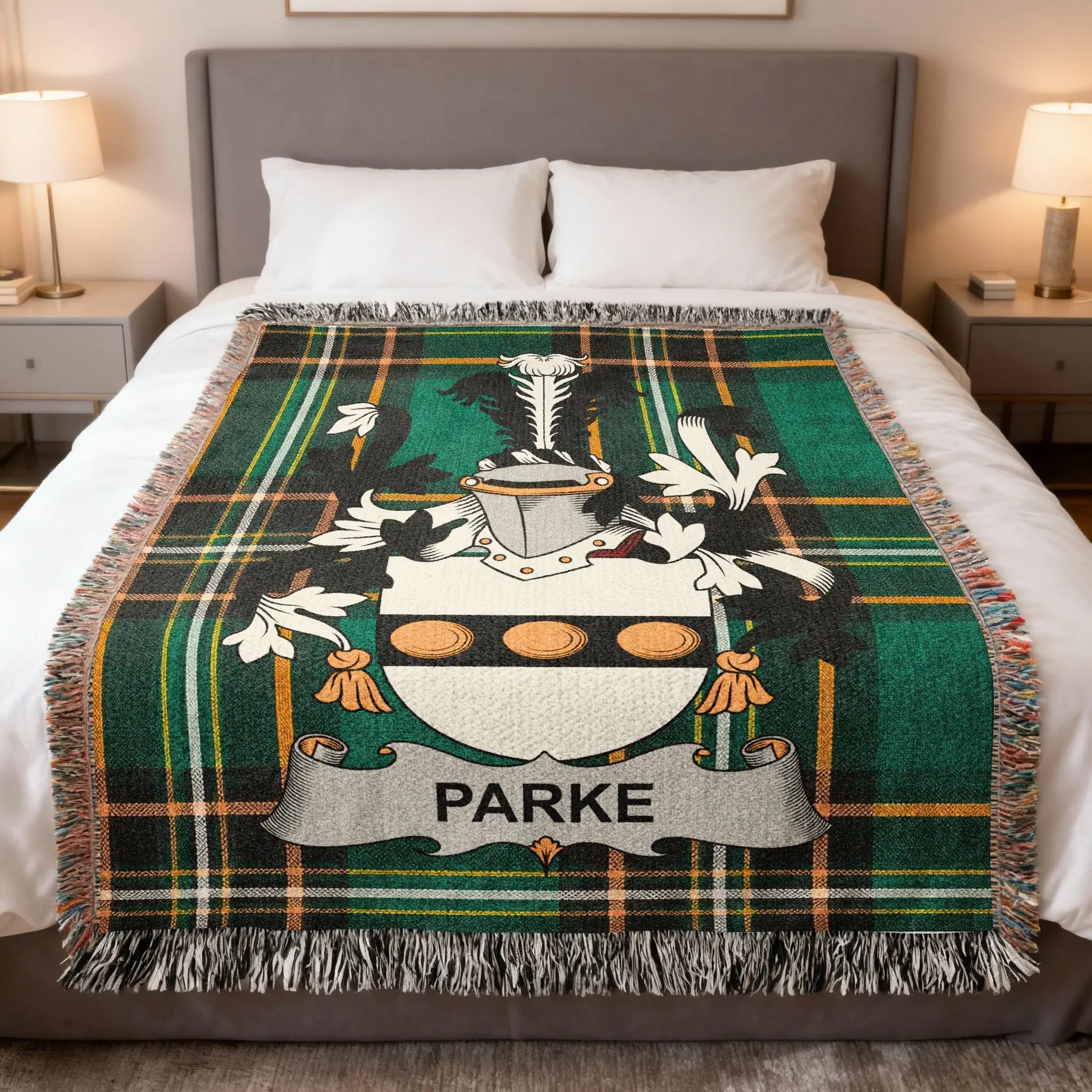 Plaited tartan blanket with the PARKE family crest displayed prominently.