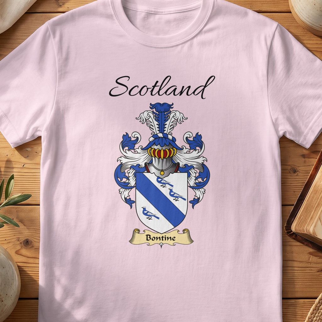 Light Pink Bontine Scottish family shield T-shirt featuring a blue diagonal band and small blue bird motifs
