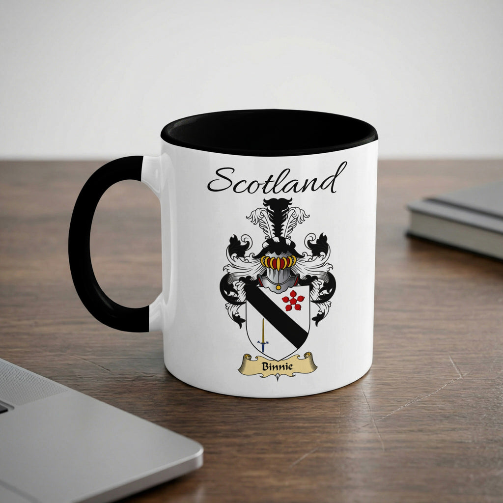 Binnie Scottish family crest accent mug with Scotland lettering and coat of arms artwork