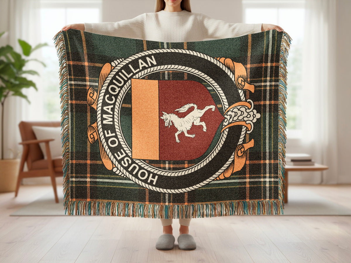 MacQuillan surname blanket showing Irish National Tartan woven design