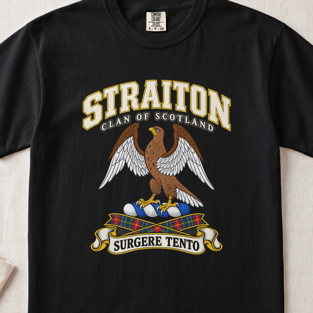 Straiton Scottish clan T-shirt in Black, front view with a brown eagle with spread wings and motto banner.