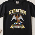 Straiton Scottish clan T-shirt in Black, front view with a brown eagle with spread wings and motto banner.