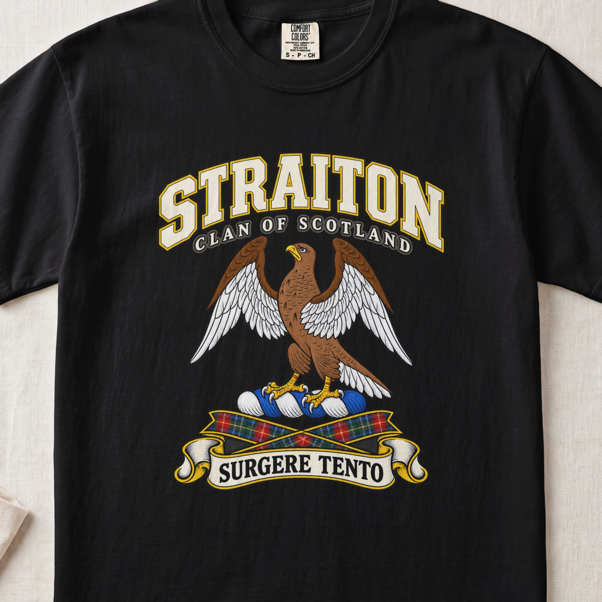 Straiton Scottish clan T-shirt in Black, front view with a brown eagle with spread wings and motto banner.