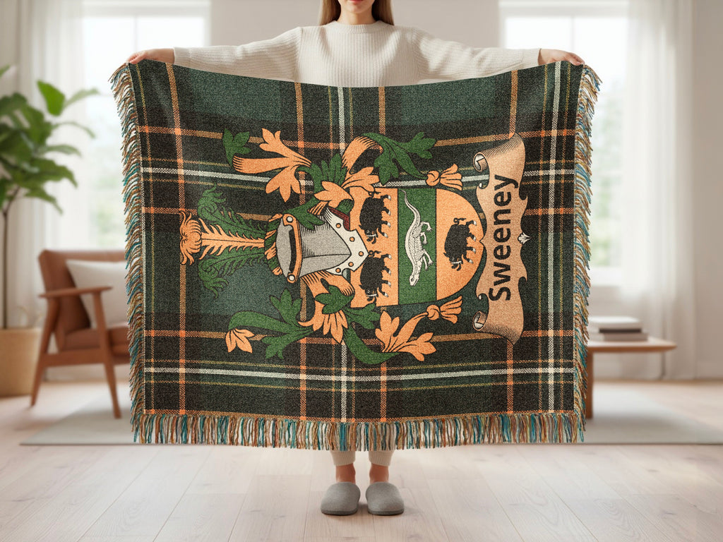 Sweeney family shield emblem woven throw with fringed edges