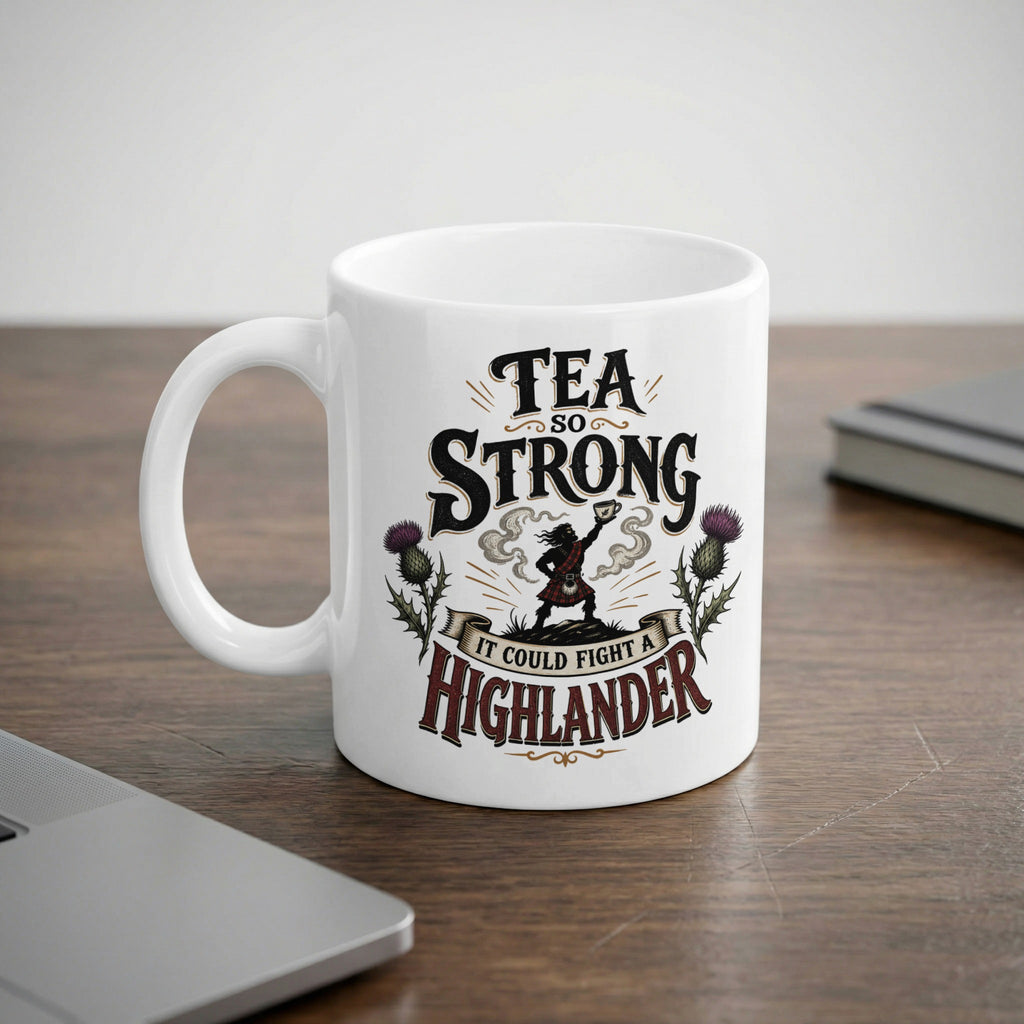 White mug with "Tea So Strong It Could Fight A Highlander" and thistle design.