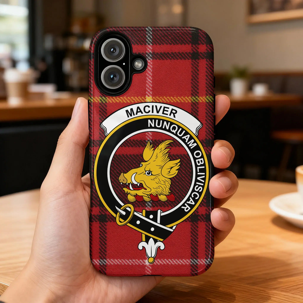 MacIver clan crest tartan phone case — Nunquam Obliviscar full wrap glossy print on iPhone