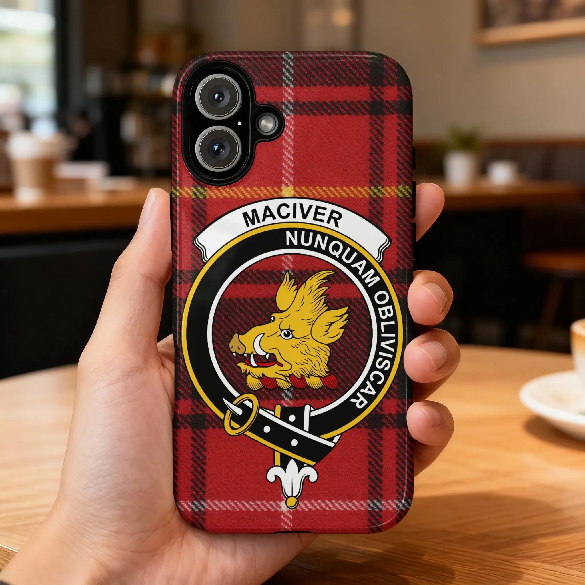MacIver clan crest tartan phone case — Nunquam Obliviscar full wrap glossy print on iPhone