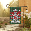 Ellis family crest on a plaid garden flag.