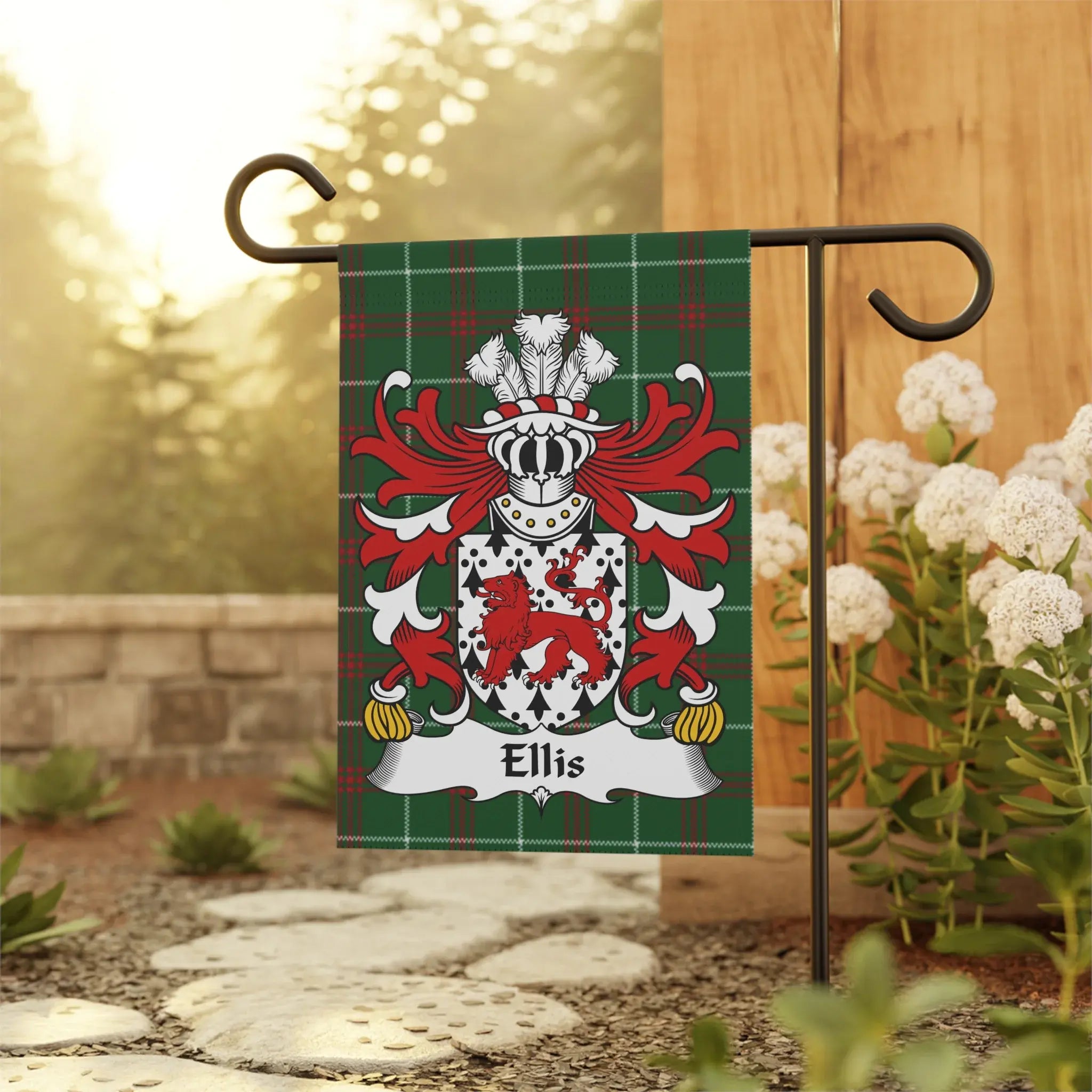 Ellis family crest on a plaid garden flag.