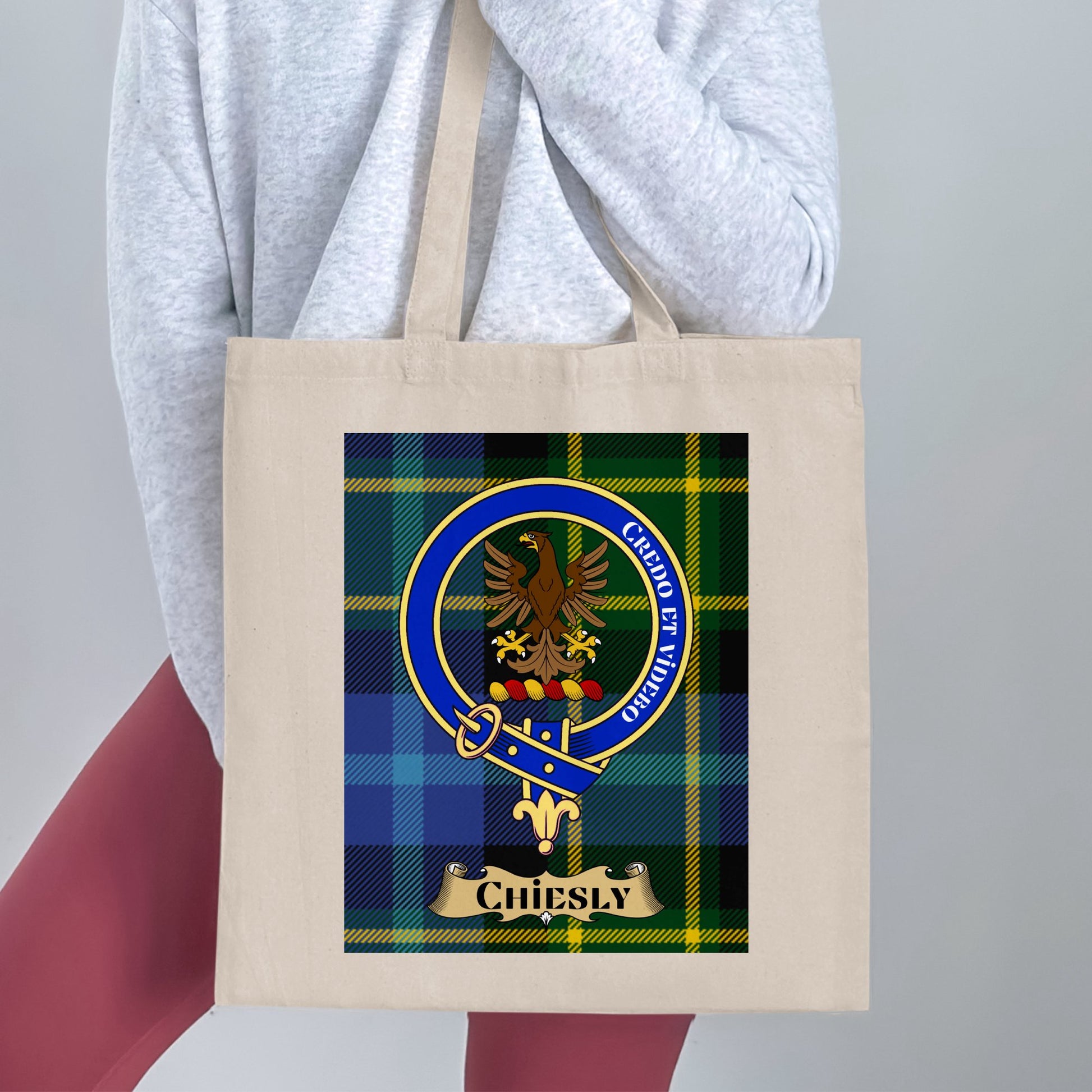 Chiesly Clan Scottish Tartan Crest Tote Bag - Living Stone Gifts