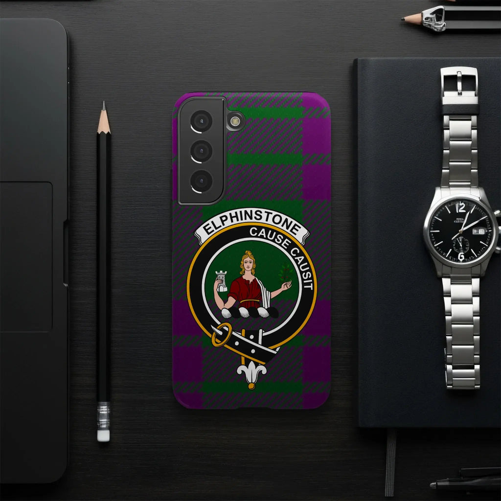 Elphinstone Scottish clan crest phone case — full edge-to-edge tartan wrap, Samsung model
