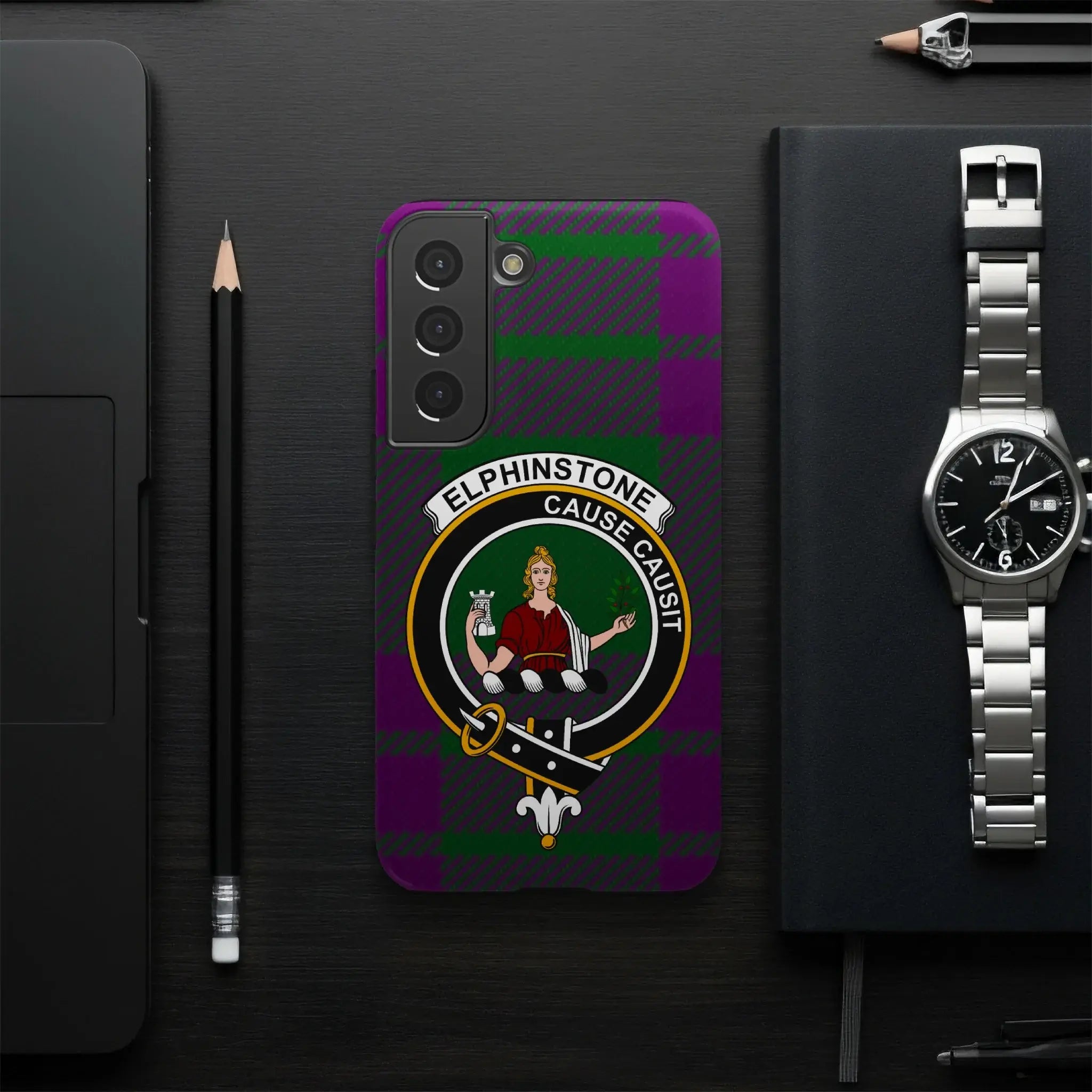 Elphinstone Scottish clan crest phone case — full edge-to-edge tartan wrap, Samsung model