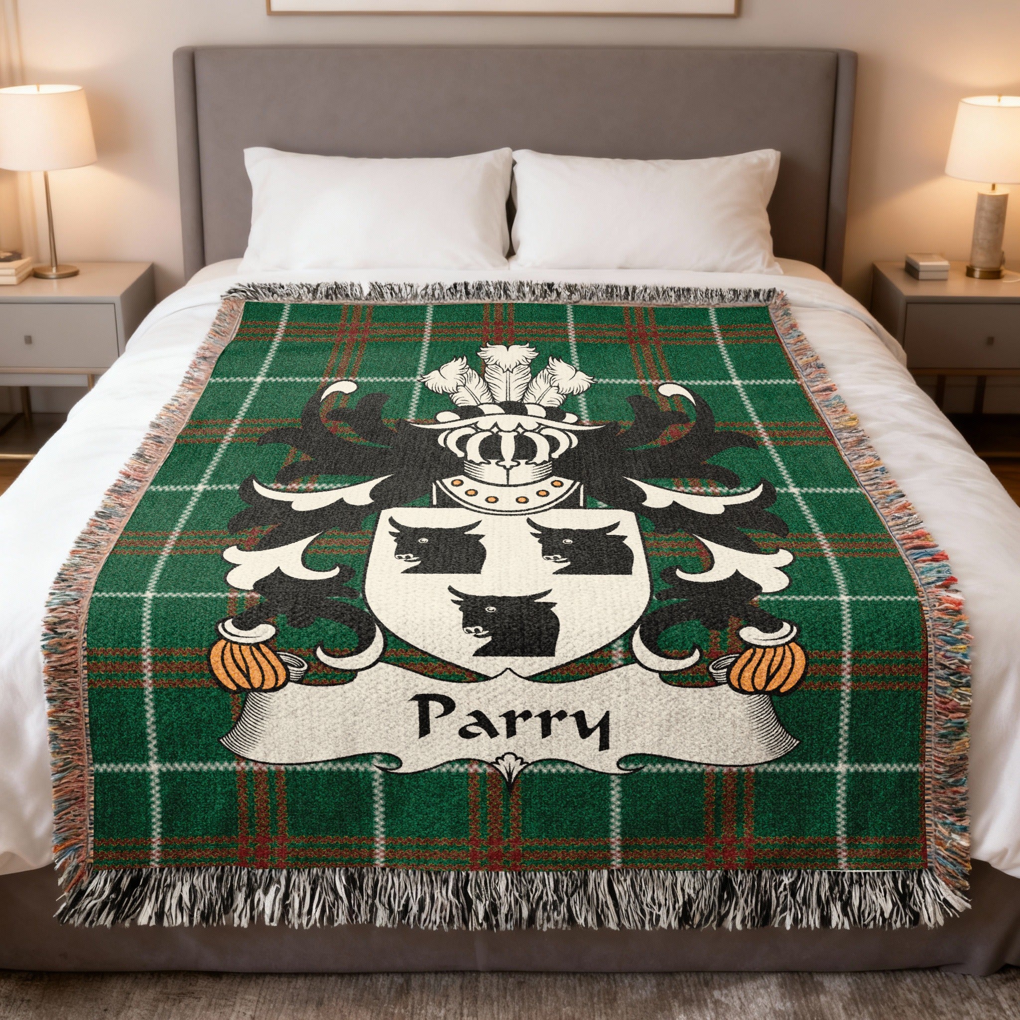 Parry Welsh crest woven blanket on Welsh national tartan