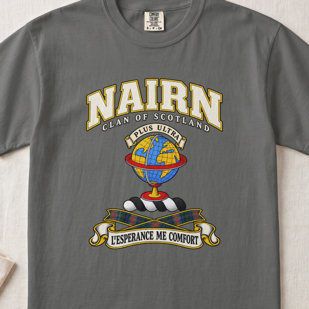 Nairn Scottish clan T-shirt in Pepper, front view with a blue and gold globe and motto design.